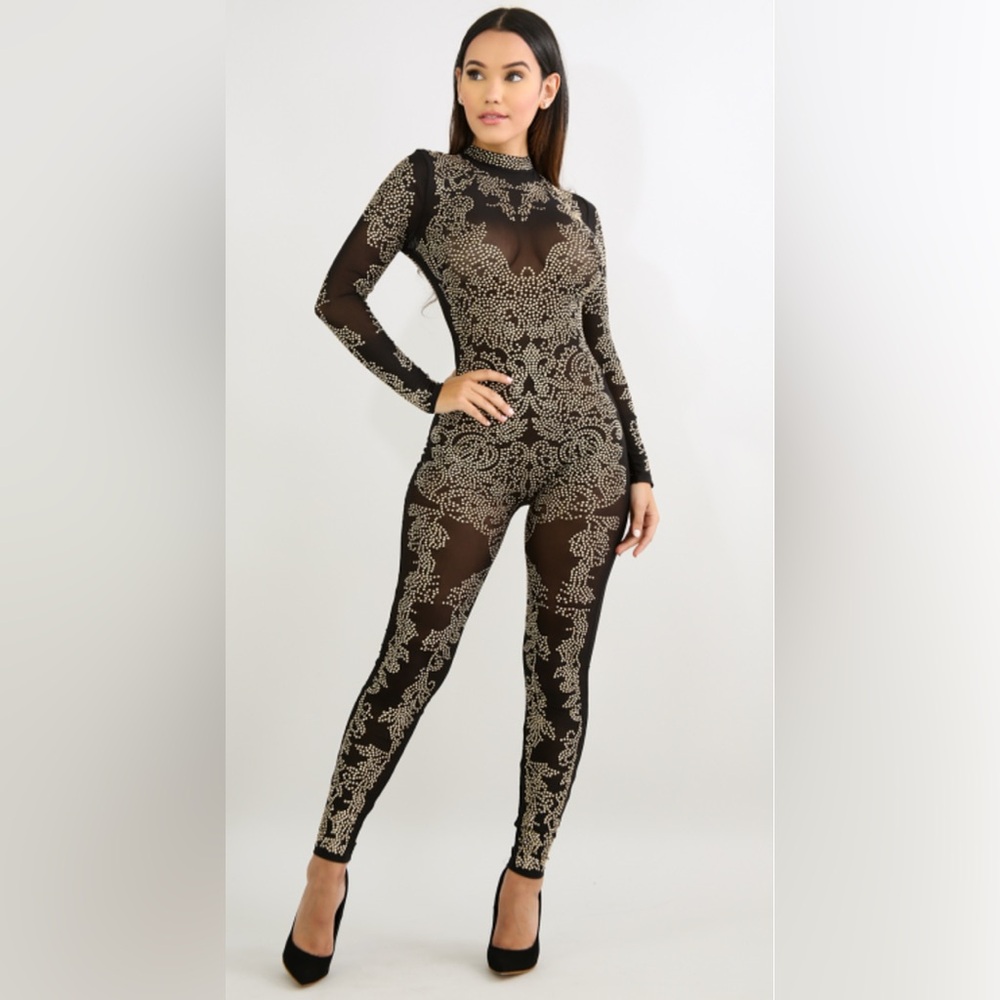 AKIRA Black and Silver Lace Jumpsuit. Size:M